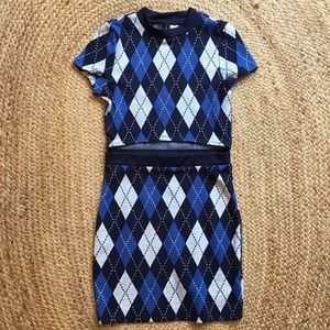Argyle Mini Sweater Dress w/ Midriff Cut-Out
